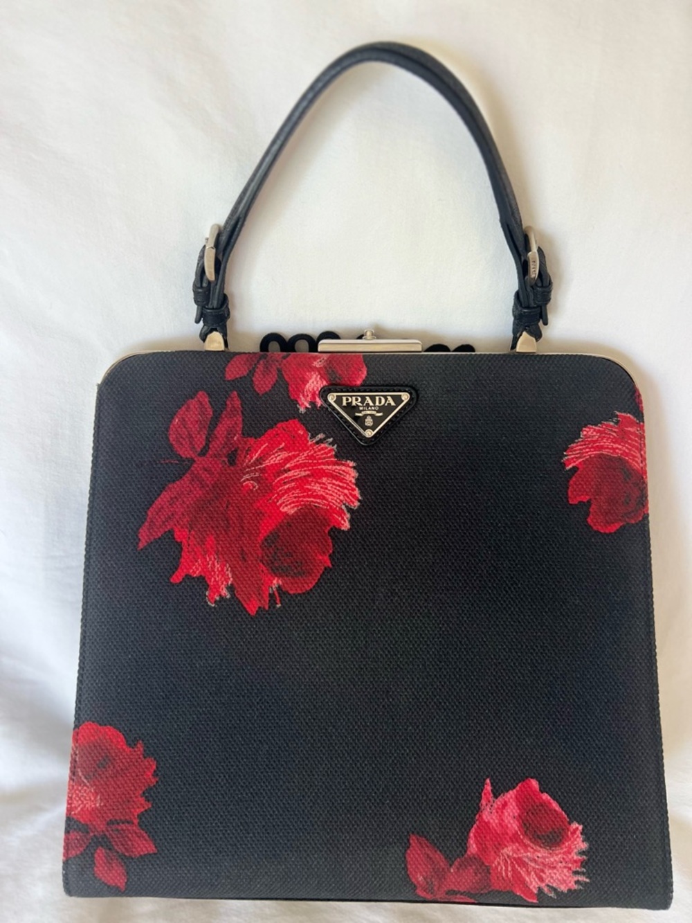 PRADA Black and Red Rose Floral Top Handle Bag Clochette Keys Silver Hardware - Picture 10 of 16